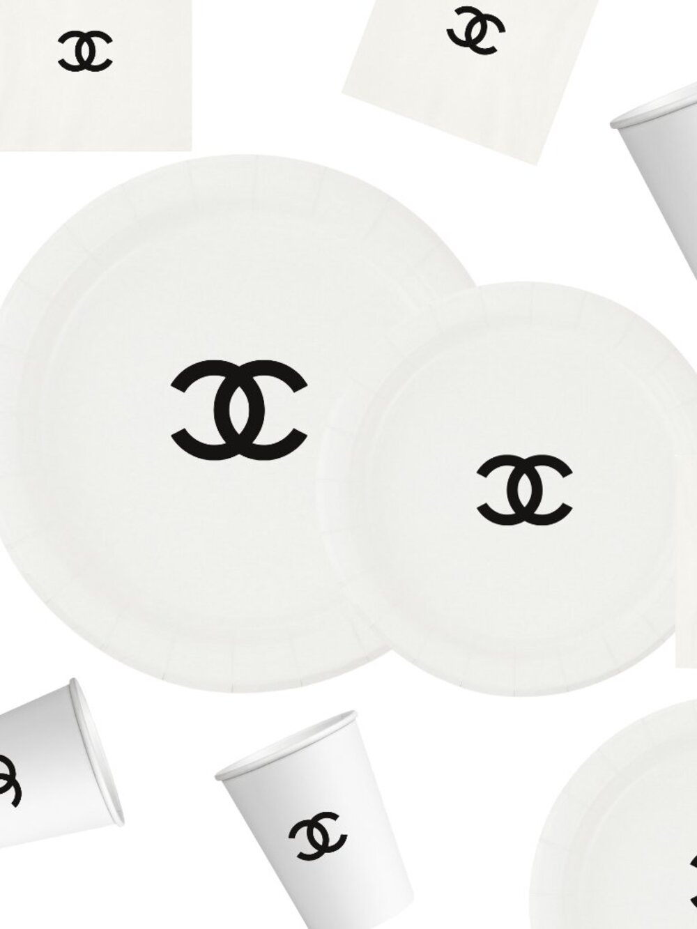 Custom Fashion Party Paper Plates, Napkins and Cups Set, Black with White, 60pcs